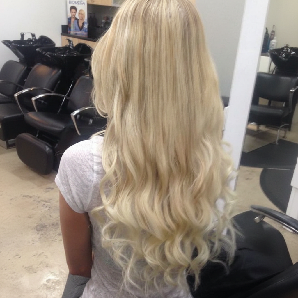 Enhanced blonde wavy hair extensions from UltimateHairWorld Allure Colored Virgin Extensions, showing the back view.