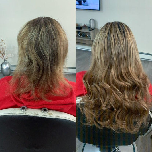 Before and after hair extension transformation showing dramatic length and volume improvement
