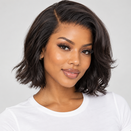 Side view of Ultimate Hair World The Executive Chic Bob 8-inch human hair glueless wig, showing layered bob style and natural texture.