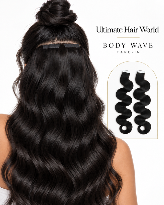 Body wave tape-in extensions by UltimateHairWorld showcasing seamless, natural-looking hair extensions with a gentle wave pattern.