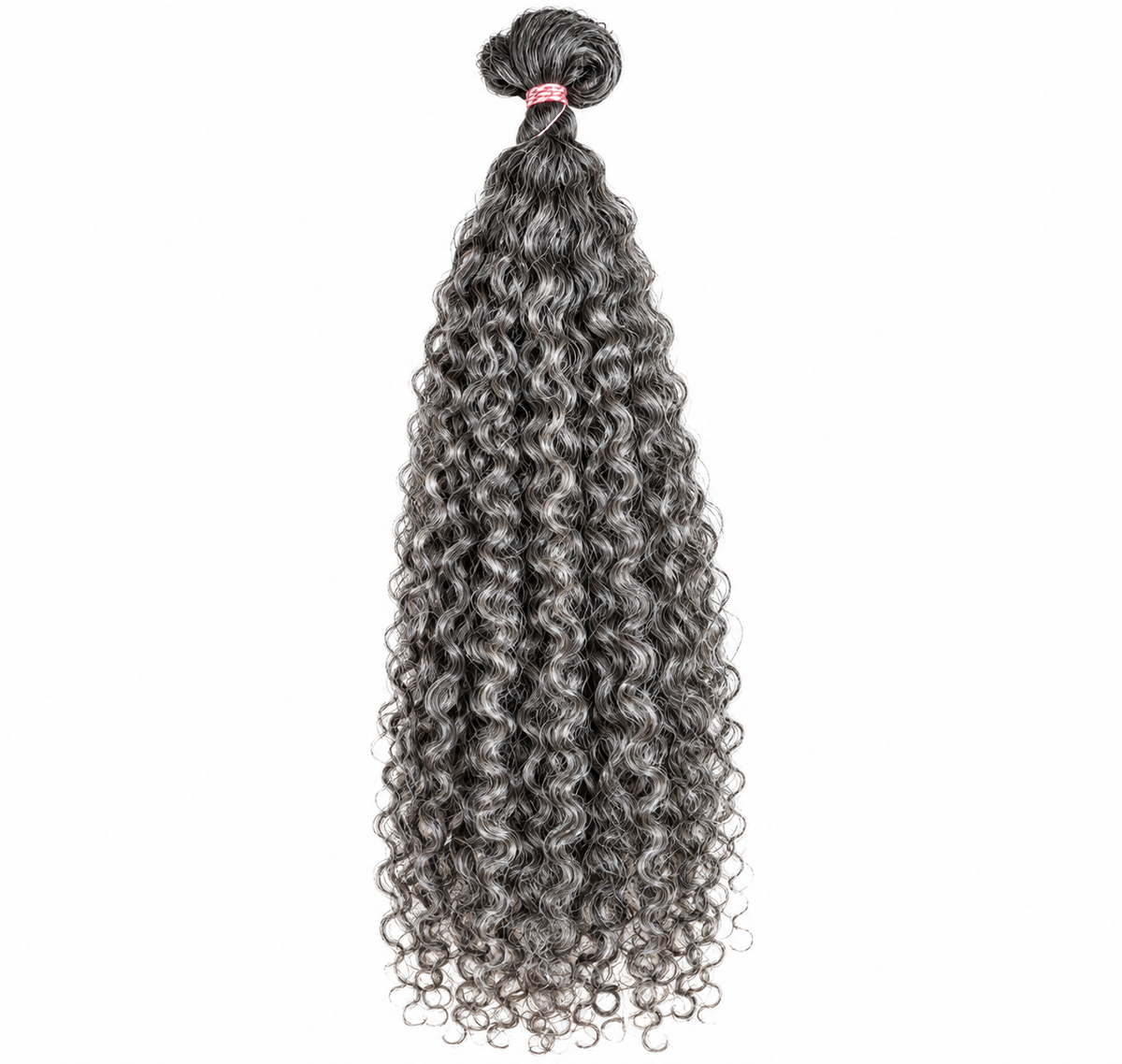 Custom gray tight curl human hair extensions from Ultimate Hair World, showcasing natural textured gray curly hair.