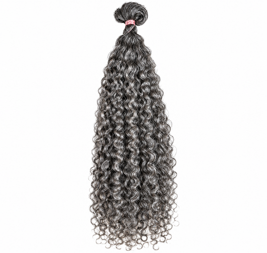 Custom gray tight curl human hair extensions from Ultimate Hair World, showcasing natural textured gray curly hair.