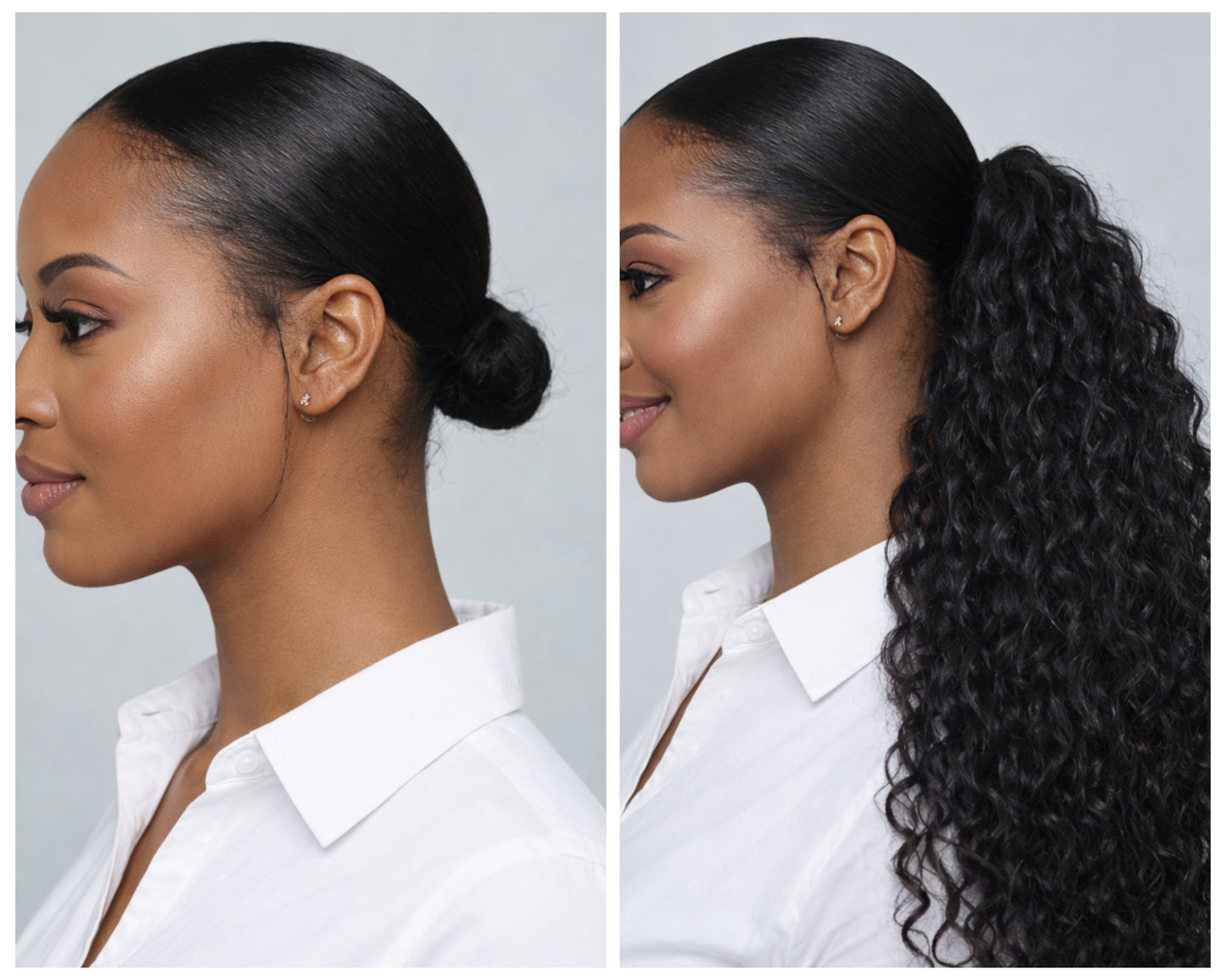 Side view of UltimateHairWorld drawstring ponytail with natural hair texture and volume, showcasing easy attachment and styling options.
