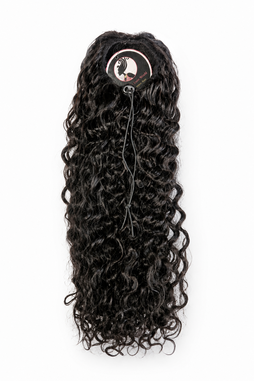 Black drawstring ponytail extension by UltimateHairWorld, showing the textured synthetic hair with adjustable drawstring for a secure fit.