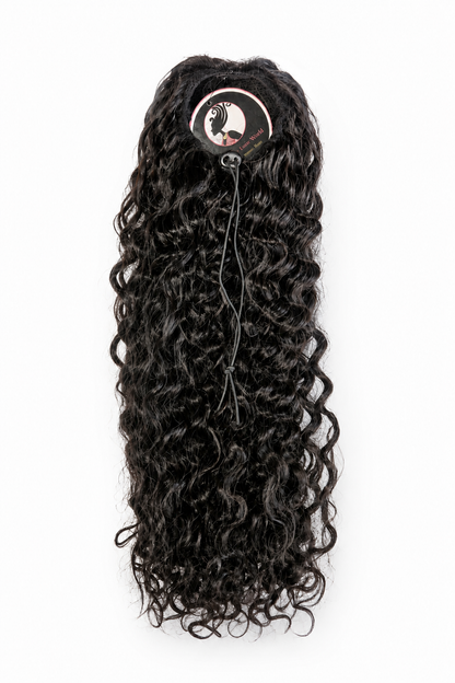 Black drawstring ponytail extension by UltimateHairWorld, showing the textured synthetic hair with adjustable drawstring for a secure fit.