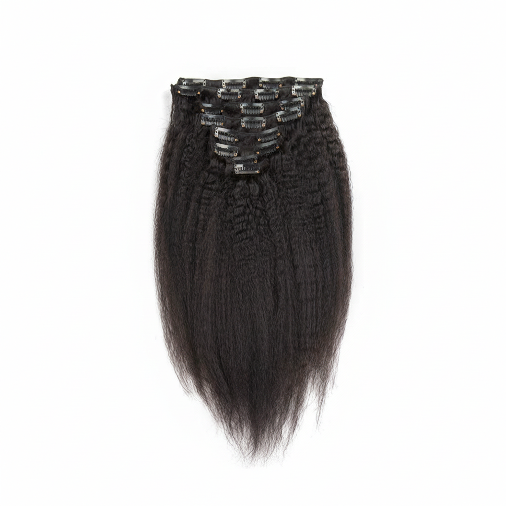 Black kinky straight clip-in hair extensions on white background