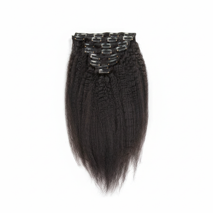 Black kinky straight clip-in hair extensions on white background
