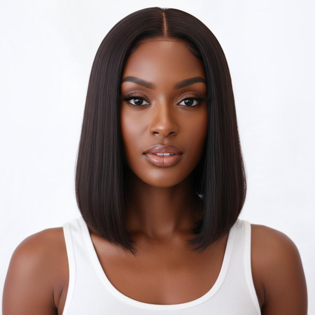 Black woman wearing UltimateHairWorld The CEO Classic Bob 14-inch straight lace front wig with a white tank top.