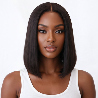 Black woman wearing UltimateHairWorld The CEO Classic Bob 14-inch straight lace front wig with a white tank top.