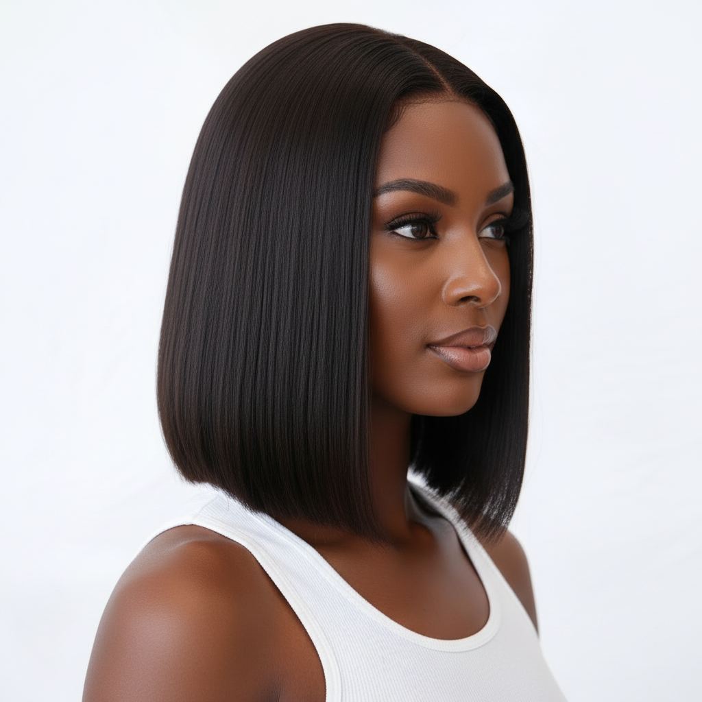 Black model wearing UltimateHairWorld The CEO Classic Bob 14-inch straight lace front wig, side profile view.