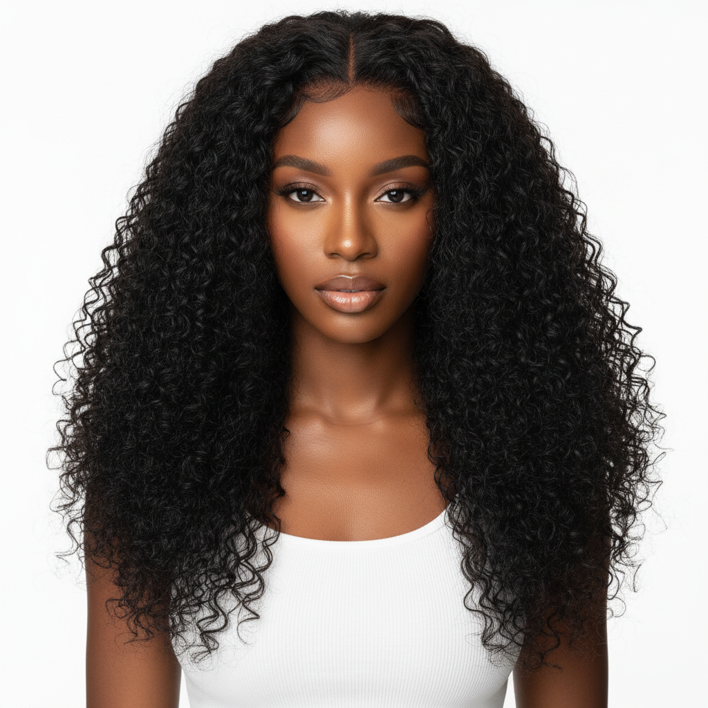 Black model wearing a 16-inch deep curly melt wig from UltimateHairWorld, showcasing voluminous textured curly hair.