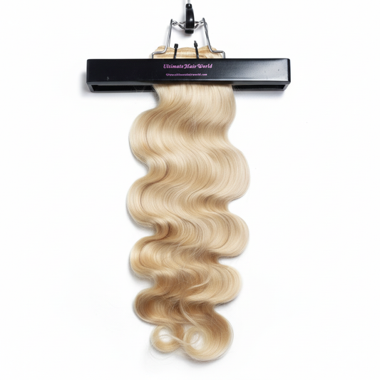 Blonde body wave hair extension on white background