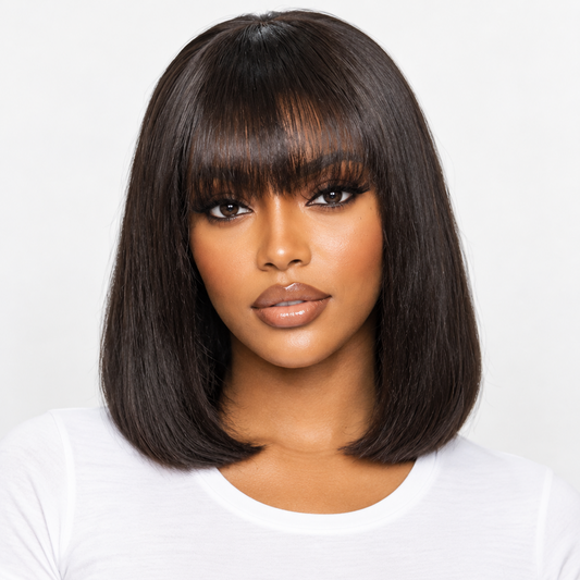10-inch human hair bob wig with bangs from Ultimate Hair World, featuring a natural-looking, glueless style.
