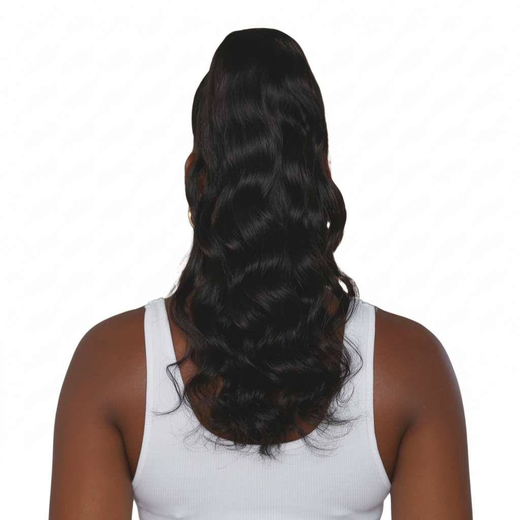 Brightened body wave drawstring ponytail from UltimateHairWorld, showing a sleek, voluminous hairstyle with a secure elastic band.