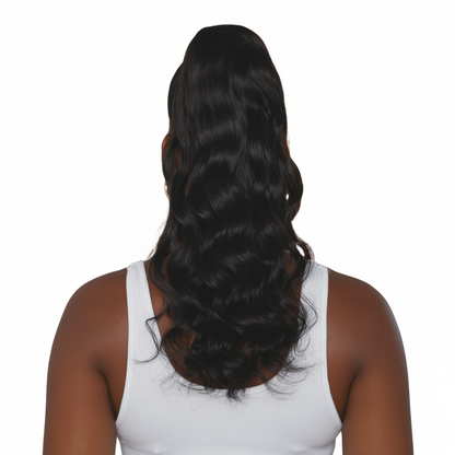Brightened body wave drawstring ponytail from UltimateHairWorld, showing a sleek, voluminous hairstyle with a secure elastic band.