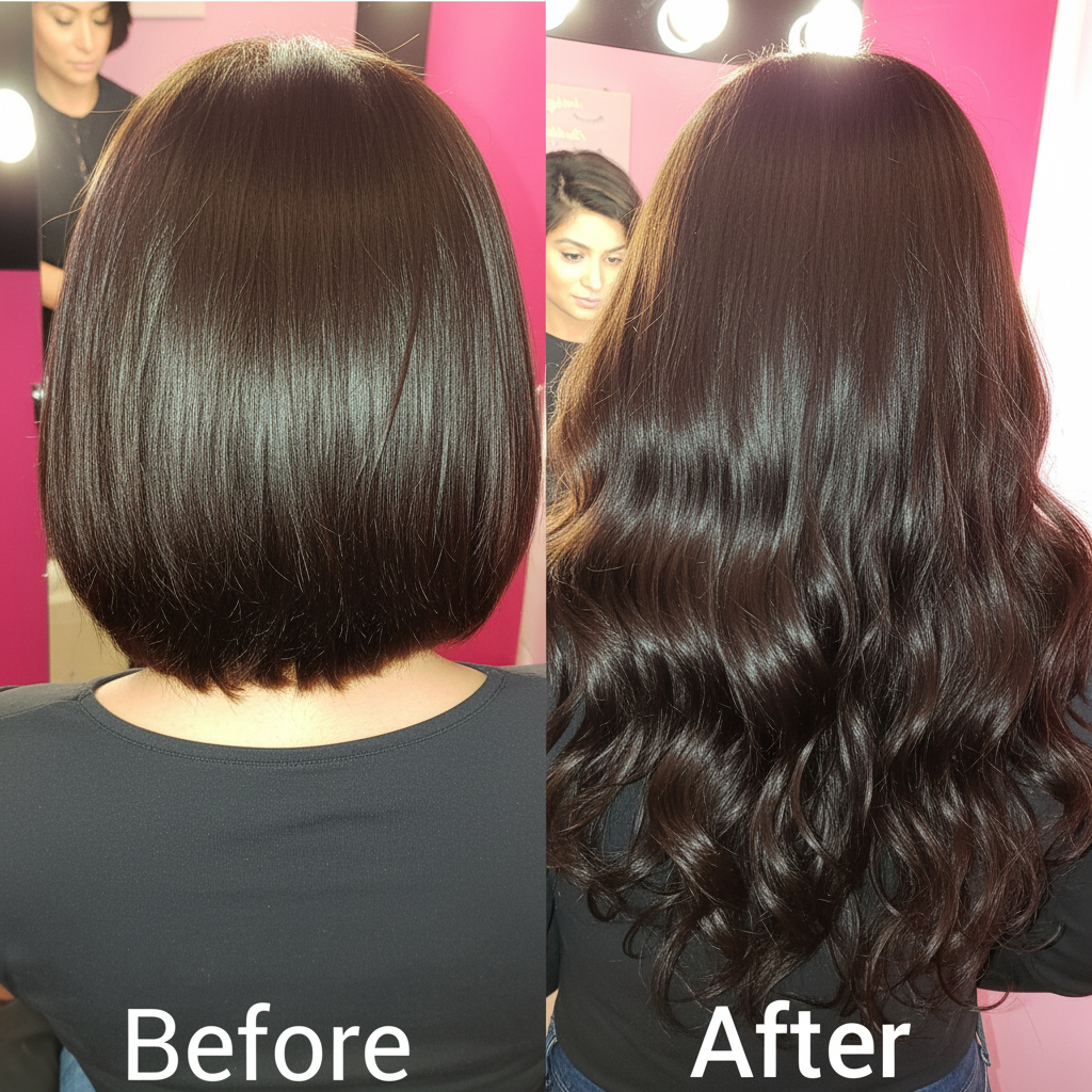 Enhanced before-and-after hair extension comparison - square format