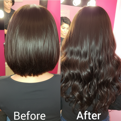 Enhanced before-and-after hair extension comparison - square format