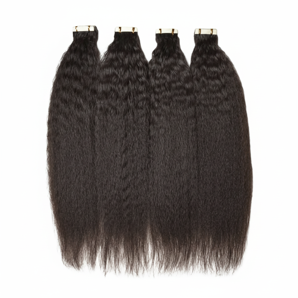 Kinky straight tape-in extensions on white background