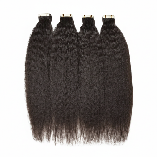 Kinky straight tape-in hair extensions by UltimateHairWorld displayed on a white background