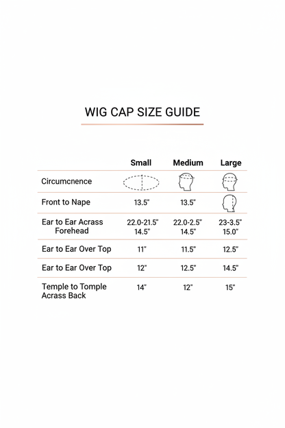 Lace front wig cap size chart showing measurements for The CEO Classic Bob 14-inch straight wig by UltimateHairWorld